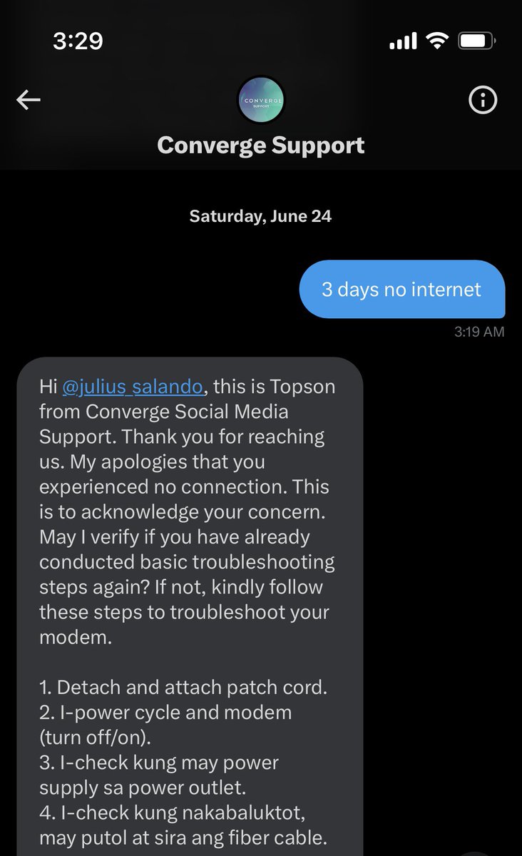 julius_salando's tweet photo. @Converge_CSU @ExperienceCNVRG Walang internet since June 21. Nakakailang ilang follow-up na ako, wala naman kayo ginagawa. https://t.co/mLnuo4n964