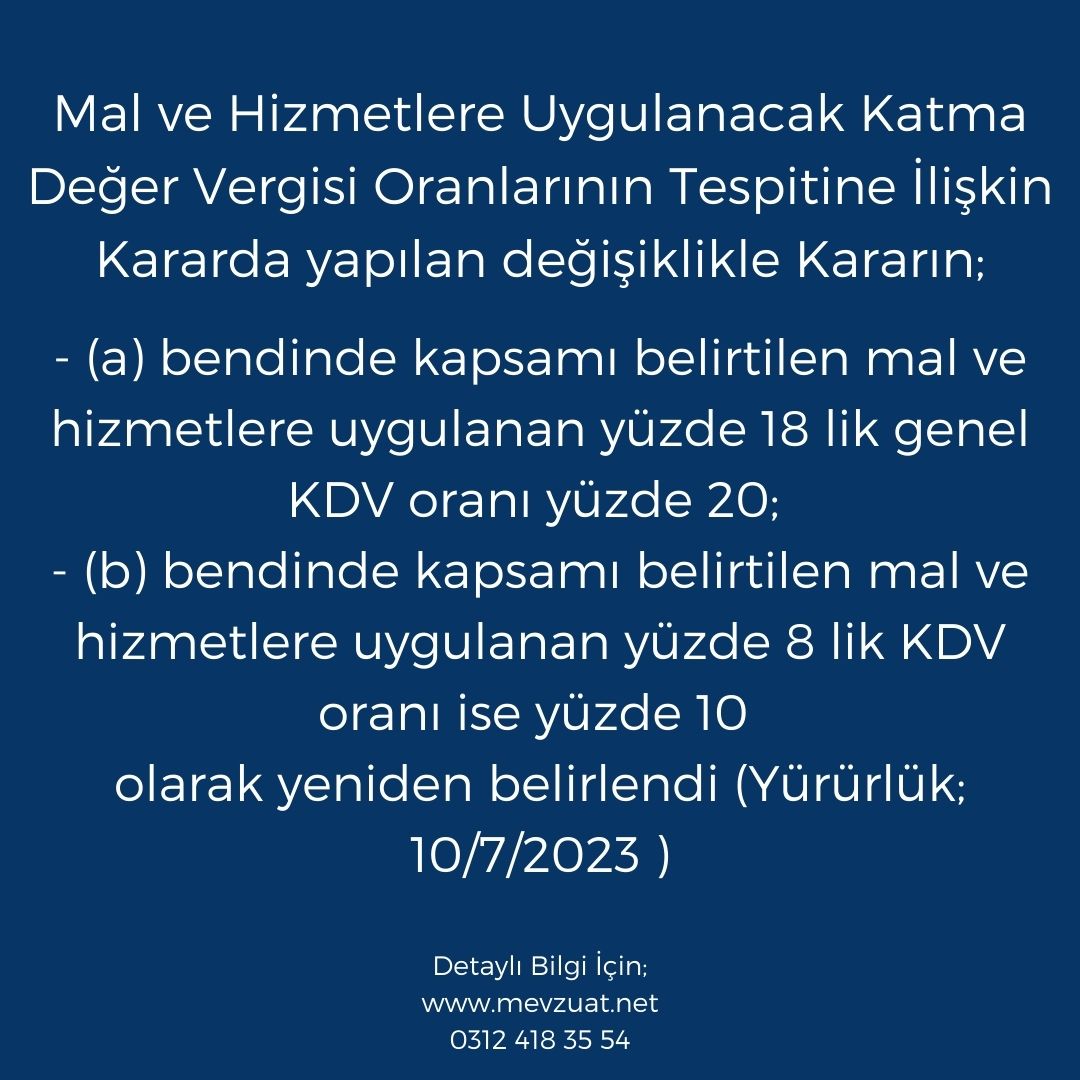 Mal ve hizmetlere uygulanan KDV oranlarında artışa gidildi.

Detaylı Bilgi İçin;  
mevzuat.net 

#gümrük #gümrükmüşavirliği #ticaretbakanlığı #mevzuat #ithalat #ihracat #kdv