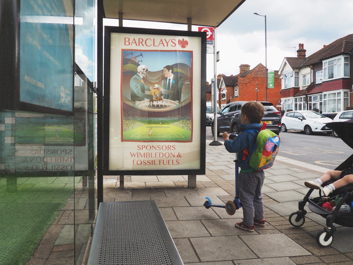 On @Wimbledon's so-called 'Environment Day', activists replaced corporate ads with satirical artworks slamming @Barclays' massive sponsorship of #FossilFuels. Will Wimbledon keep its climate-wrecking new sponsor? #ZeroLoveForBarclays