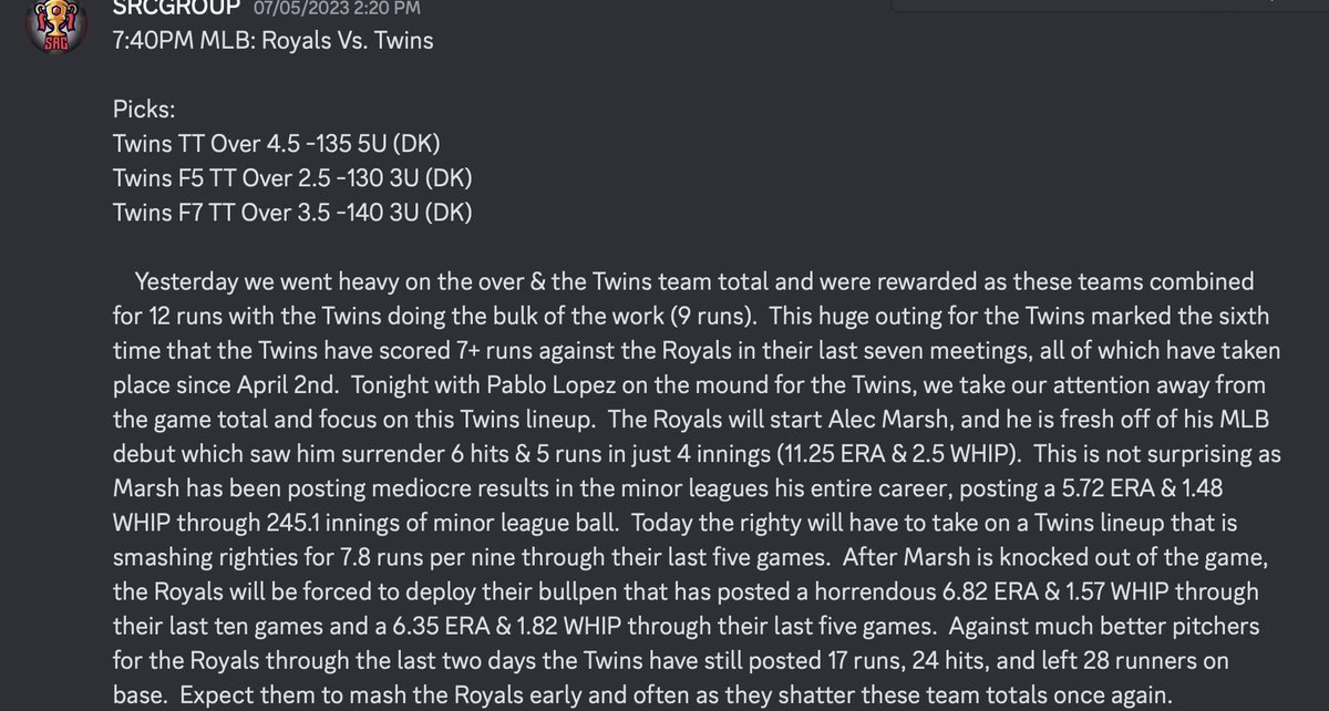 SRCGROUP2K's tweet photo. VIP Write-Up Plays Last 9 Days
- 5U Plays Last 9 Days: 40-21-1  
- ROI: 18%⬆️+98.3 Units

RETURNS:
$10 Per Unit➡️$983
$150 Unit➡️$14,745
$550 Unit➡️$54,065

Regardless of Unit Size, we'll build your bankroll
Click Link ➡️https://t.co/9tiLQvlVVc

#Betsmarter #Gamblingtwitter https://t.co/v2fEE7KM9B