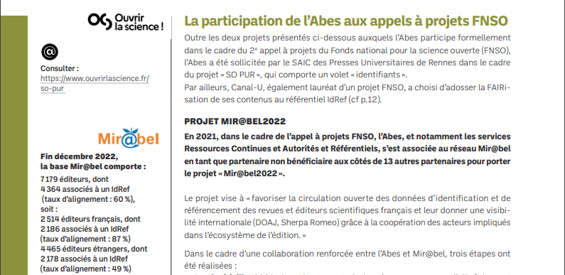 mirabel_revues's tweet photo. Dans le rapport d'activité 2022 de l'Abes, vous trouverez notamment un focus sur le projet Mir@bel2022 et sur tout le travail conjoint mené pour améliorer l'identification et la description des éditeurs français
#Mirabel2022 @ouvrirlascience
#MirabelAbes #IdRef https://t.co/XtGljYBDMZ