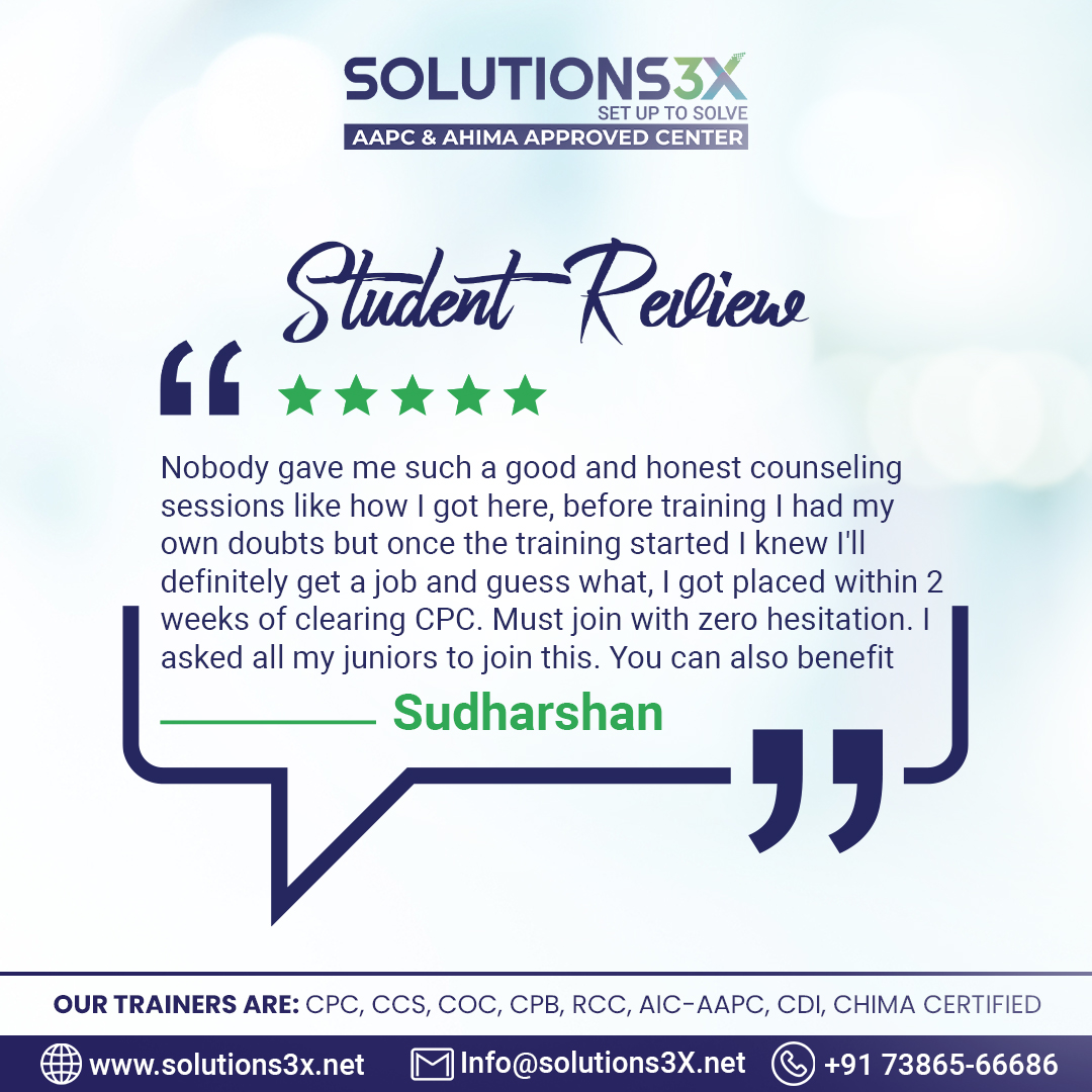 Solutions3xnet's tweet image. Here is what our students say. Thank you Sudharshan for sharing your review.
Register for demo class:
zoom.us/j/95004797814?…
Join 𝐒𝐨𝐥𝐮𝐭𝐢𝐨𝐧𝐬𝟑𝐗 to start your 𝐌𝐞𝐝𝐢𝐜𝐚𝐥 𝐂𝐨𝐝𝐢𝐧𝐠 𝐂𝐚𝐫𝐞𝐞𝐫.
𝐂𝐚𝐥𝐥: +91 7386566686
#Solutions3X #MedicalCodingInstitute