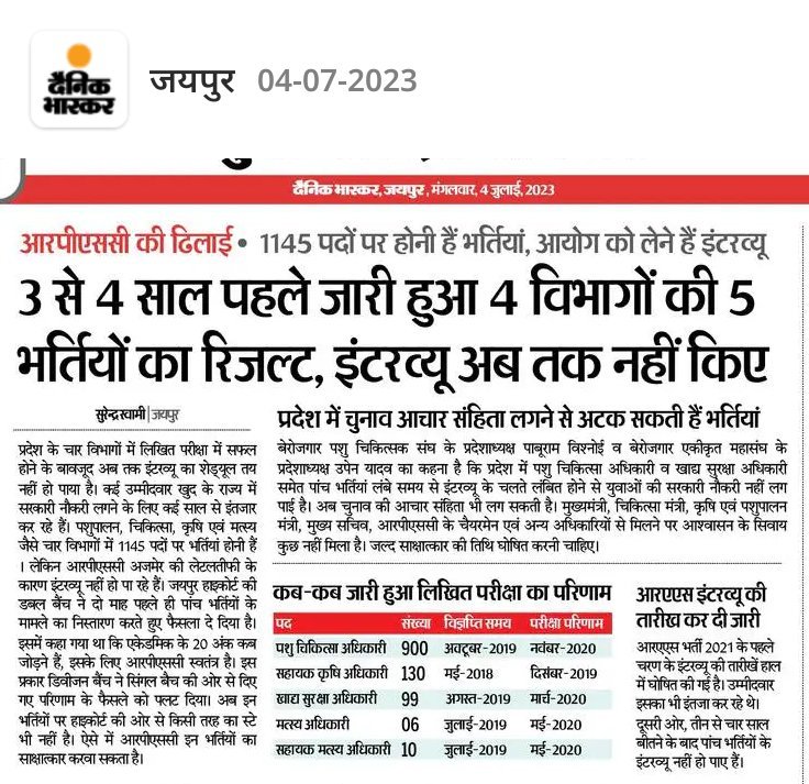 <a href="/ashokgehlot51/">Ashok Gehlot</a> 5साल में पशुपालन विभाग का रिपोर्ट कार्ड👇
900 पदों की पशुचिकित्सक भर्ती-2019 पूरी हुई नहीं।

एक भी पद पर पशुचिकित्सक की नई भर्ती की घोषणा हुई नहीं

वेटरनरी कॉलेज में एक भी पद पर असिस्टेंट प्रोफेसर की भर्ती हुई नहीं। <a href="/RajCMO/">CMO Rajasthan</a> <a href="/artizzzz/">Arti Dogra</a> <a href="/TheUpenYadav/">Upen Yadav (मोदी का परिवार)</a> <a href="/dsrajpurohit291/">Doonger Singh</a> <a href="/arvindchotia/">Arvind Chotia</a>