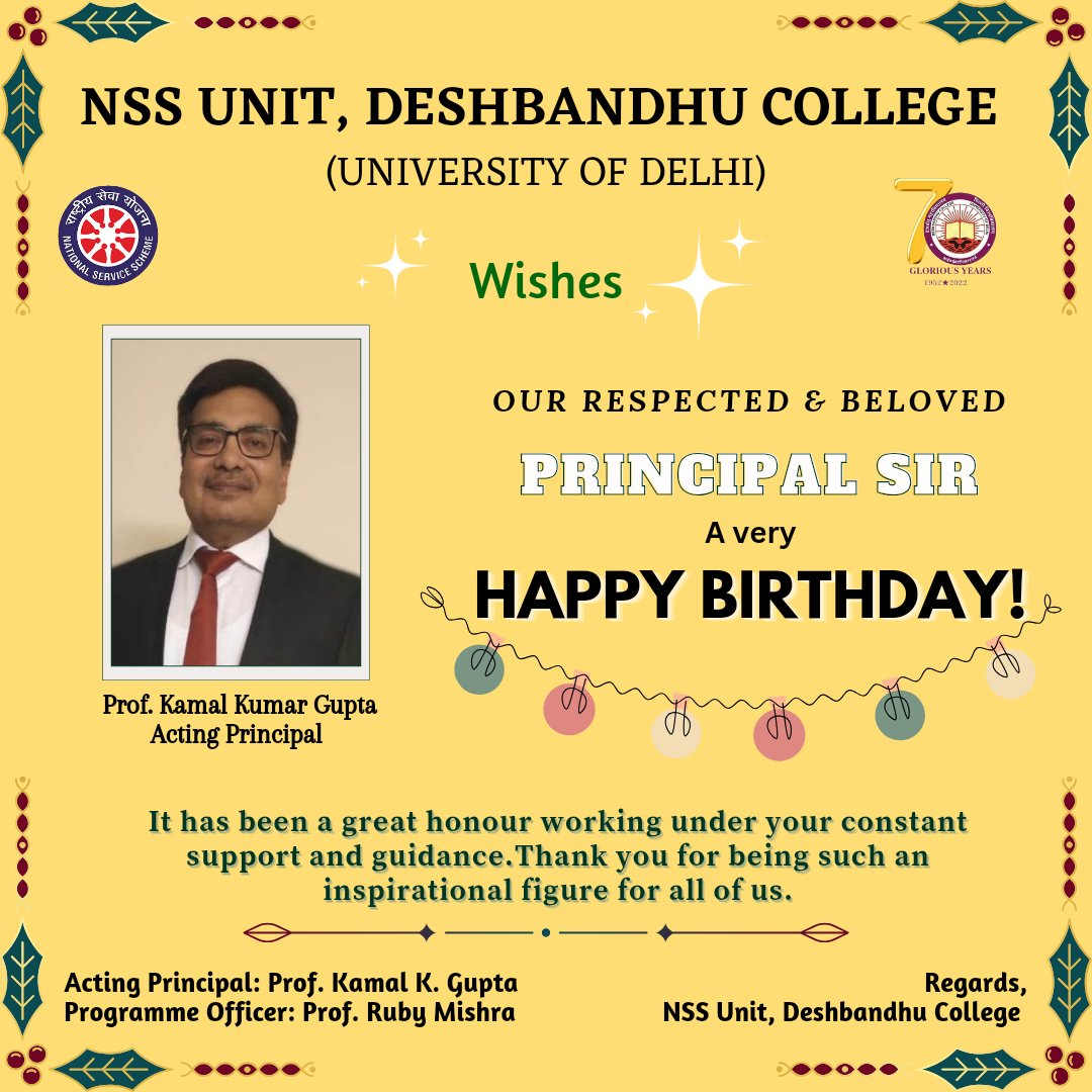 NssunitDbc's tweet photo. Respected Sir!!

On behalf of whole NSS Unit of Deshbandhu College, we would like to wish a very Happy Birthday to our amazing Principal Sir! Thank you for your guidance and leadership. You have been an inspiration to all of us. https://t.co/QRkypyoaXG