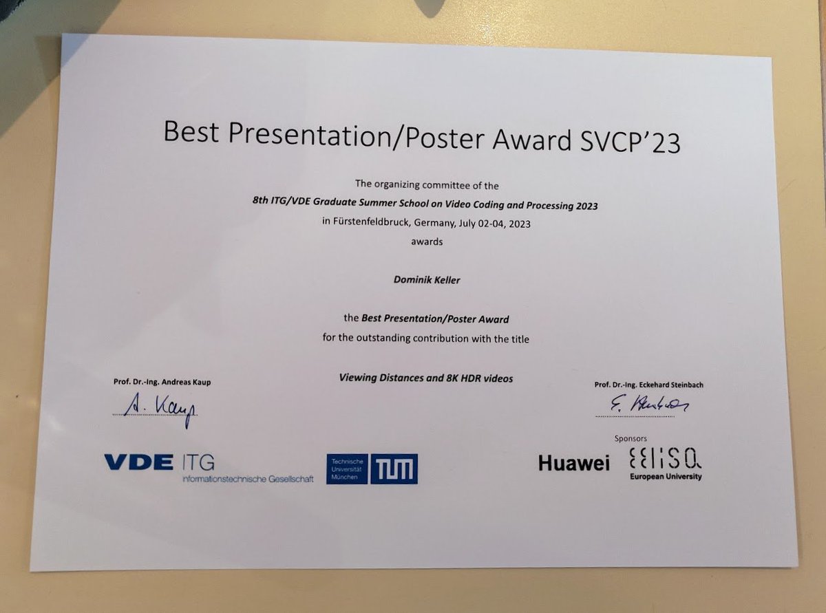 avt_imt's tweet photo. Congratulations to Dominik for receiving the best presentation award at @VDE_Group #SVCP '23 for his research on the impact of viewing distances on #8K perceptibility, building upon his previous study from QoMEX '23.
Thanks to the sponsors @Huawei_Germany and @eelisa_eu! https://t.co/NYM8SaEfEo