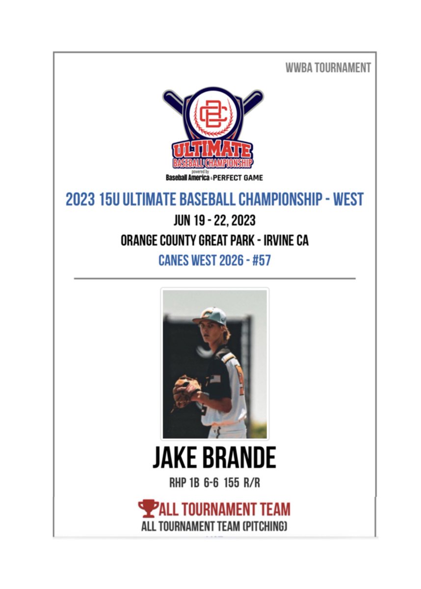 @JakeBrande2026 (@jakebrande2026) on Twitter photo All Tournament Team. Thank you <a href="/California_PG/">Perfect Game California</a> @WestCoastWoj_PG UBC Ultimate Baseball Championship 15u
<a href="/TheCanesBBWest/">Canes West</a> <a href="/bphithouse/">Bobby Patton</a> <a href="/CoachV45/">Estevanv4</a> All Tournament Team. Thank you <a href="/California_PG/">Perfect Game California</a> @WestCoastWoj_PG UBC Ultimate Baseball Championship 15u
<a href="/TheCanesBBWest/">Canes West</a> <a href="/bphithouse/">Bobby Patton</a> <a href="/CoachV45/">Estevanv4</a>