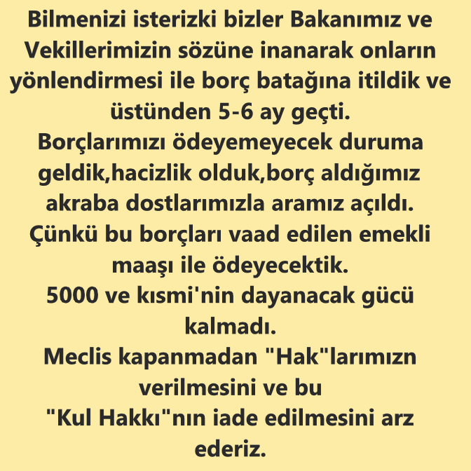 Çok şey istemiyoruz ki..  Sadece hakkımız olanı istiyoruz! <a href="/RTErdogan/">Recep Tayyip Erdoğan</a> @ErbakanFatih  <a href="/DrSinanOgan/">Dr. Sinan Oğan</a> <a href="/NureddinNebati/">Dr.Nureddin NEBATİ🇹🇷</a> <a href="/isikhanvedat/">Prof. Dr. Vedat Işıkhan</a> <a href="/NumanKurtulmus/">Numan Kurtulmuş</a> <a href="/Akparti/">AK Parti</a> <a href="/isikhanvedat/">Prof. Dr. Vedat Işıkhan</a> #5000KısmiyiAlacağız