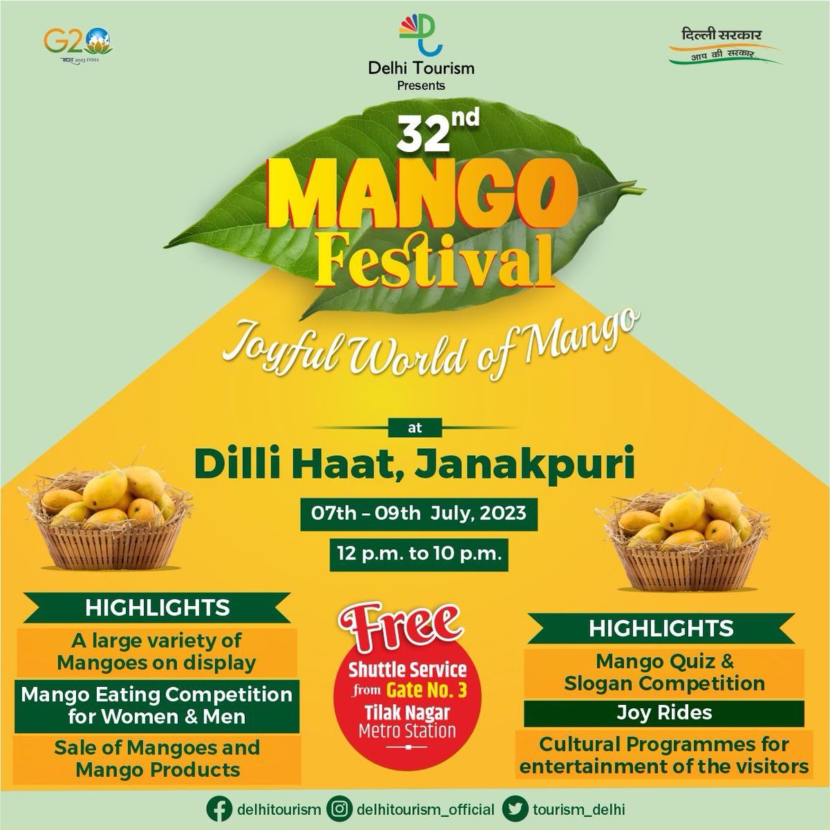 tourism_delhi's tweet photo. "The Royal taste of King of Fruits awaits you".  
32nd Mango Festival
Starting Today 07th July 2023
Venue Dilli Haat, Janakpuri 

#MangoFestival #TasteOfIndia #DilliHaatJanakPuri #Delhigovt #Delhitourism #IncredibleIndia #G20India #AmritMahotsav #Mangocompetition #FruitFiesta https://t.co/aREBsZDp4F