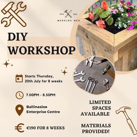 BallinasloeLife's tweet photo. A DIY beginners workshop will starting up at the Ballinasloe Enterprise Centre from Thursday July 20 at 19:00, running for 8 weeks costing €190 and limited to 15 spaces. To get in contact you can phone Martin at (083) 108 5145 or email him at martinglynn1979@gmail.com. https://t.co/aRcTmHAm22