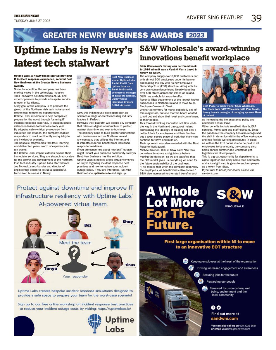 Uptime_Labs's tweet photo. Winning Best New Business at the @NewryChamber's  #GreaterNewryBusinessAwards means so much!

Now, we are excited to share that our award win is being covered in various news outlets! 

Thanks to The Irish News and @NewryDemo for covering this news.

https://t.co/r2ieviNKEz https://t.co/UemC3Kdbo6