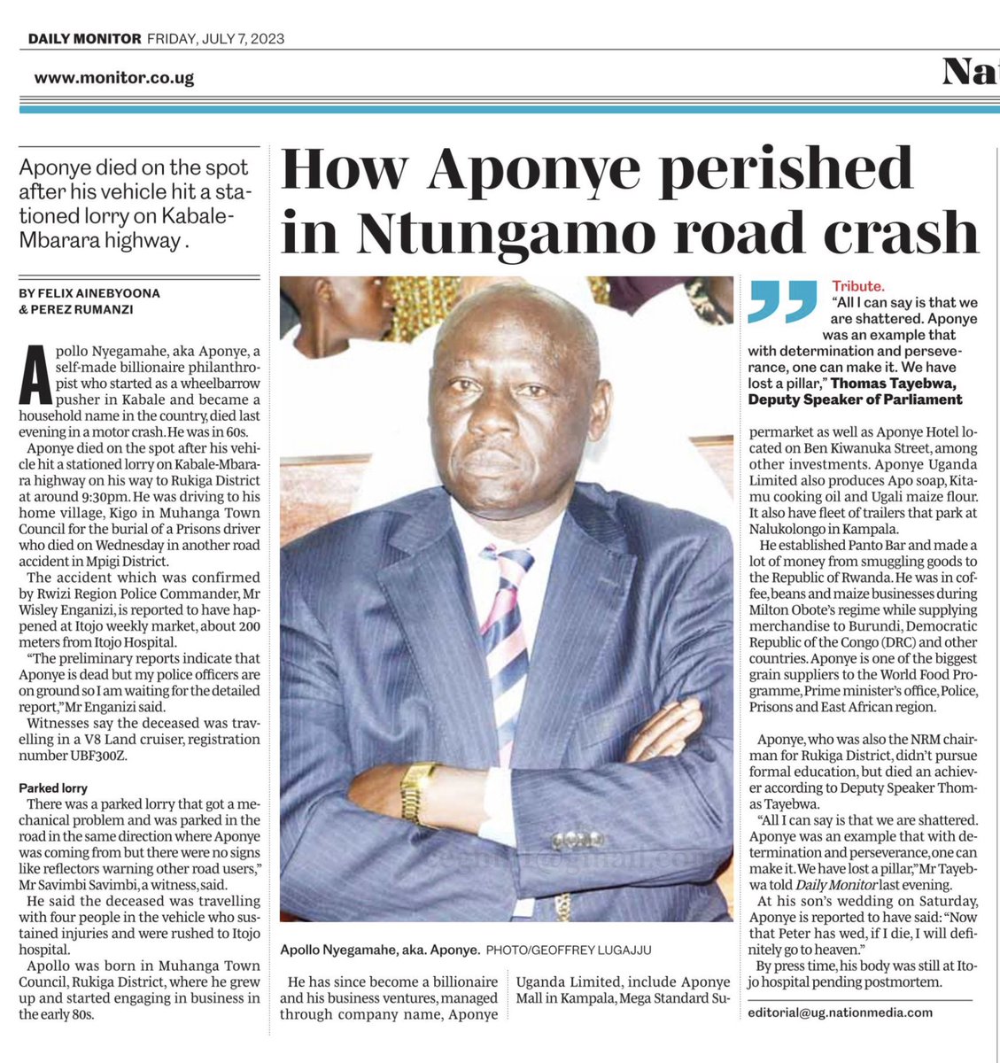 hillarytaylorvi's tweet photo. "Parked lorry…?”

An independent investigation should be conducted on the death of Aponye. Despot Museveni’s junta and banks in Uganda can do anything! 

Thought these types of car accidents ended with the junta of Idi Amin!  #RIPAponye 🕊️ https://t.co/PhZWvp0ZVy