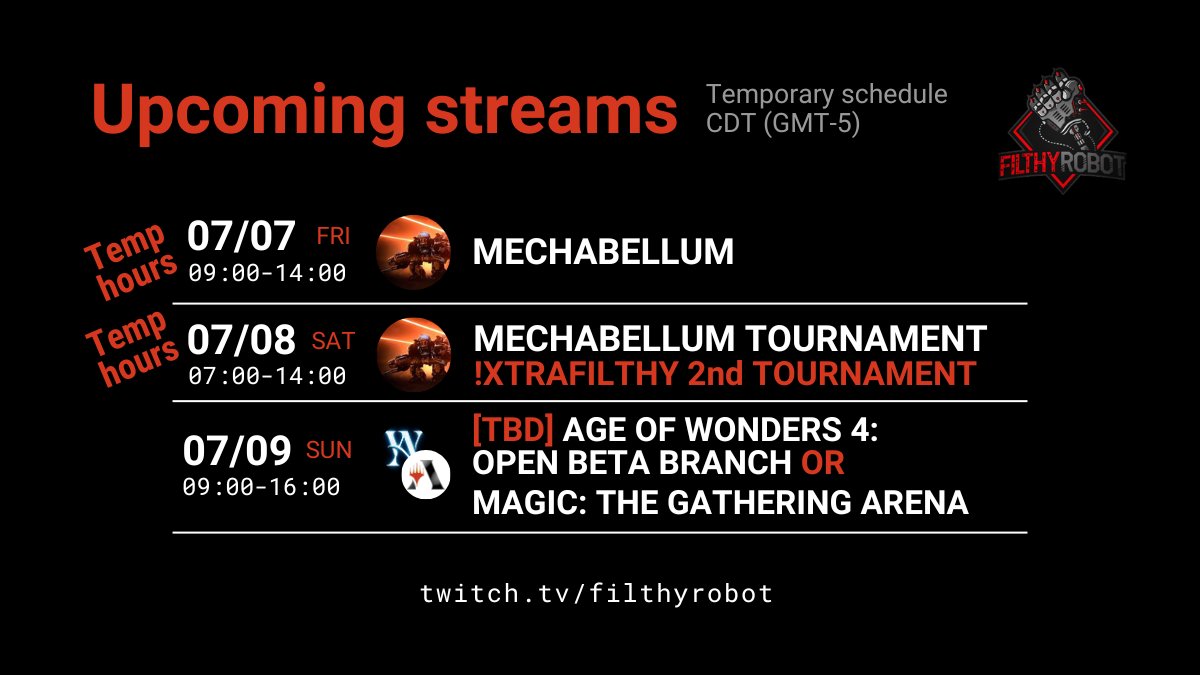 Filthy_Robot's tweet image. Back in town and ready to go! Twitch streaming schedule for the next few days.