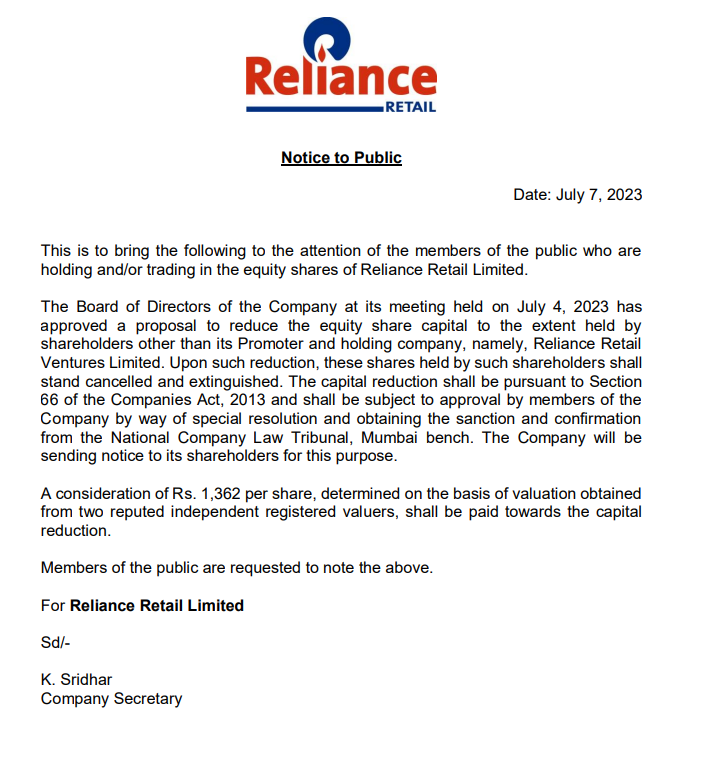deepakshenoy's tweet photo. Reliance Retail shareholders will now get Rs. 1350 per share for their holdings, as RRVL, their promoter, will effectively cancel their shares and it'll become a fully owned subsidiary. https://t.co/TR6FkDDuQS