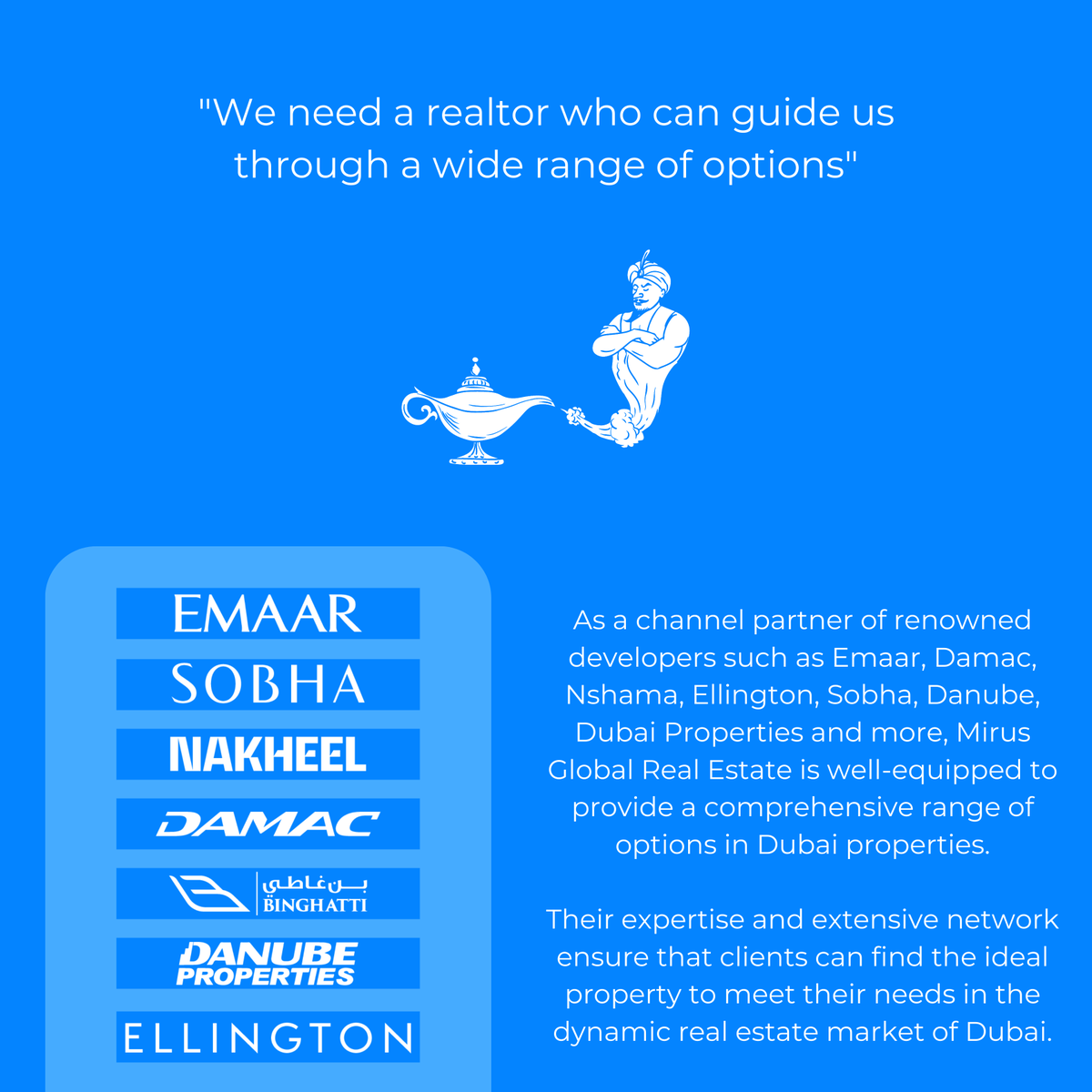 MirusGlobal's tweet photo. To make your Dubai property search easier, we got in touch with a Genie.
At Mirus, we understand your requirements and provide the most suitable options based on your requirements.
.
.
#UAE #Dubai #DubaiProperties #DubaiRealEstate #Damac #Emaar #Apartments #Townhouses #Mirus https://t.co/gufb8ecw3q