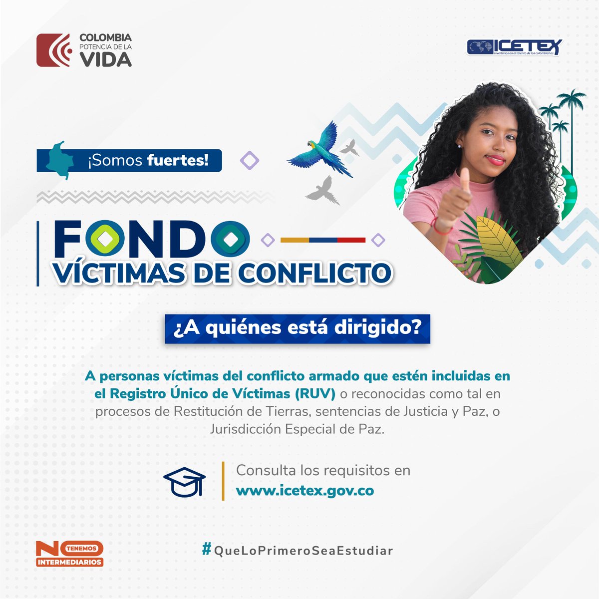 ICETEX's tweet photo. ¡Créditos condonables para población víctima del conflicto! El #ICETEXmásHumano acompaña los proyectos de vida de esta población. 🇨🇴 Convocatoria abierta del 7 al 18 de julio. ➡️ https://t.co/kRmX00WyM9

#QueLoPrimeroSeaEstudiar ✍️✨ https://t.co/MNRZWuHtI1