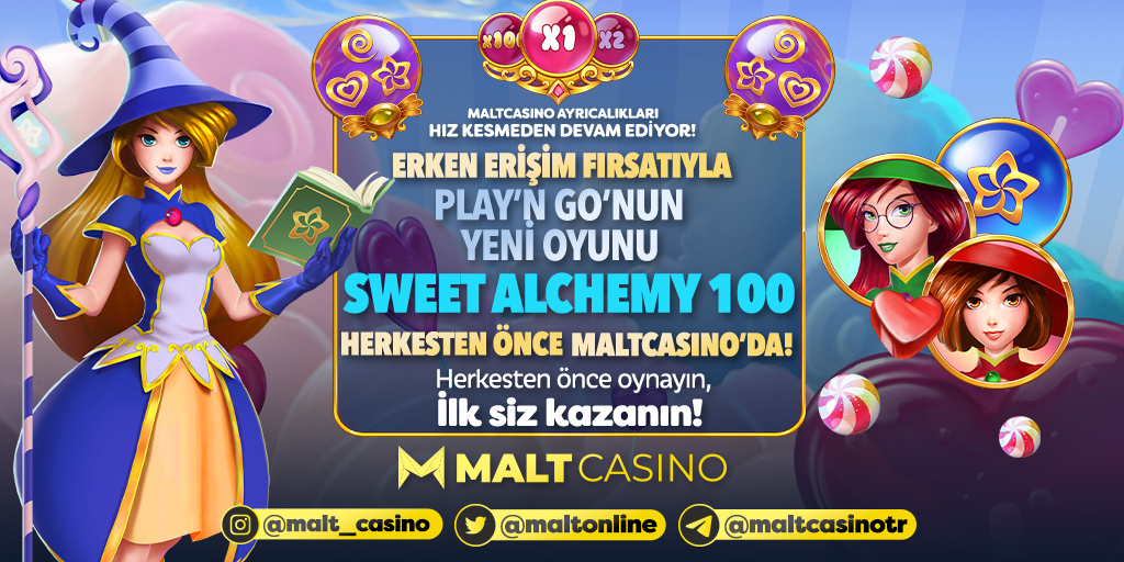 maltonline's tweet photo. 🚀 #MaltCasino Ayrıcalıkları Hız Kesmeden Devam Ediyor!

📣 Erken Erişim Fırsatıyla Play'n Go'nun Yeni Oyunu #SweetAlchemy100 Herkesten Önce #MaltCasino'da

✅ Şimdi Üye Ol - https://t.co/AjVfBPVtmY

🎰 Herkesten Önce Oynayın, İlk Siz Kazanın. https://t.co/LivVgEUmHa