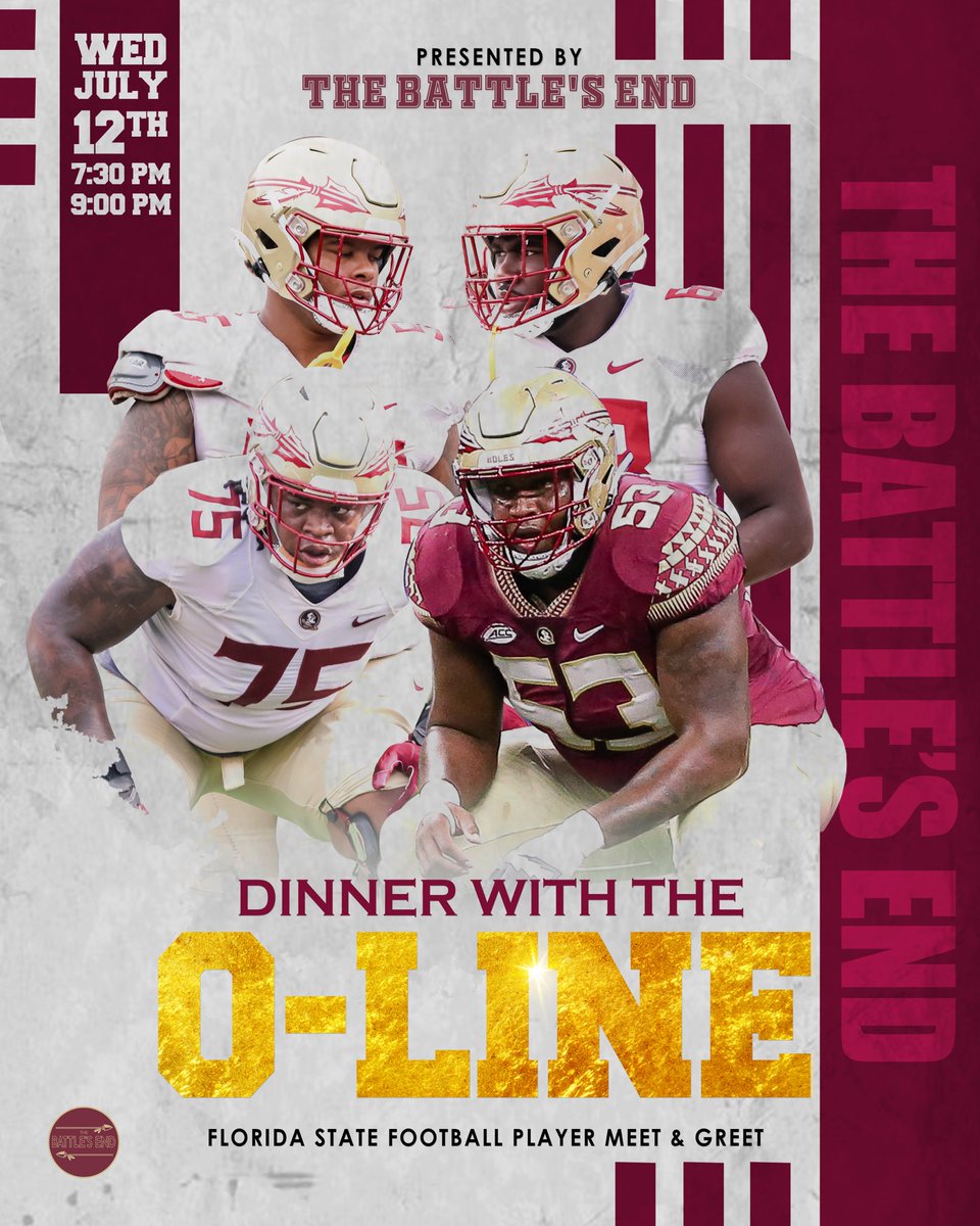 Get to know the big men up front at dinner with the OLine! 

Next Wednesday at <a href="/GloryDaysGrill/">Glory Days Grill</a> in Tallahassee

Talk to the guys that make it happen in the trenches from 7:30-9:00 pm. 

Fans will receive a signed poster and TBE members entered to win a football signed by the