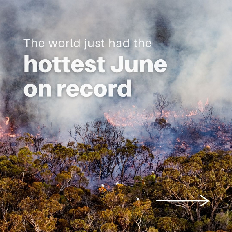 UNEP's tweet photo. Record-breaking heatwaves.
 Devastating wildfire season. 
Unprecedented decline in sea ice.

June 2023 has just been declared the hottest month on record, a stark reminder of the intensified impact of climate change and El Niño.