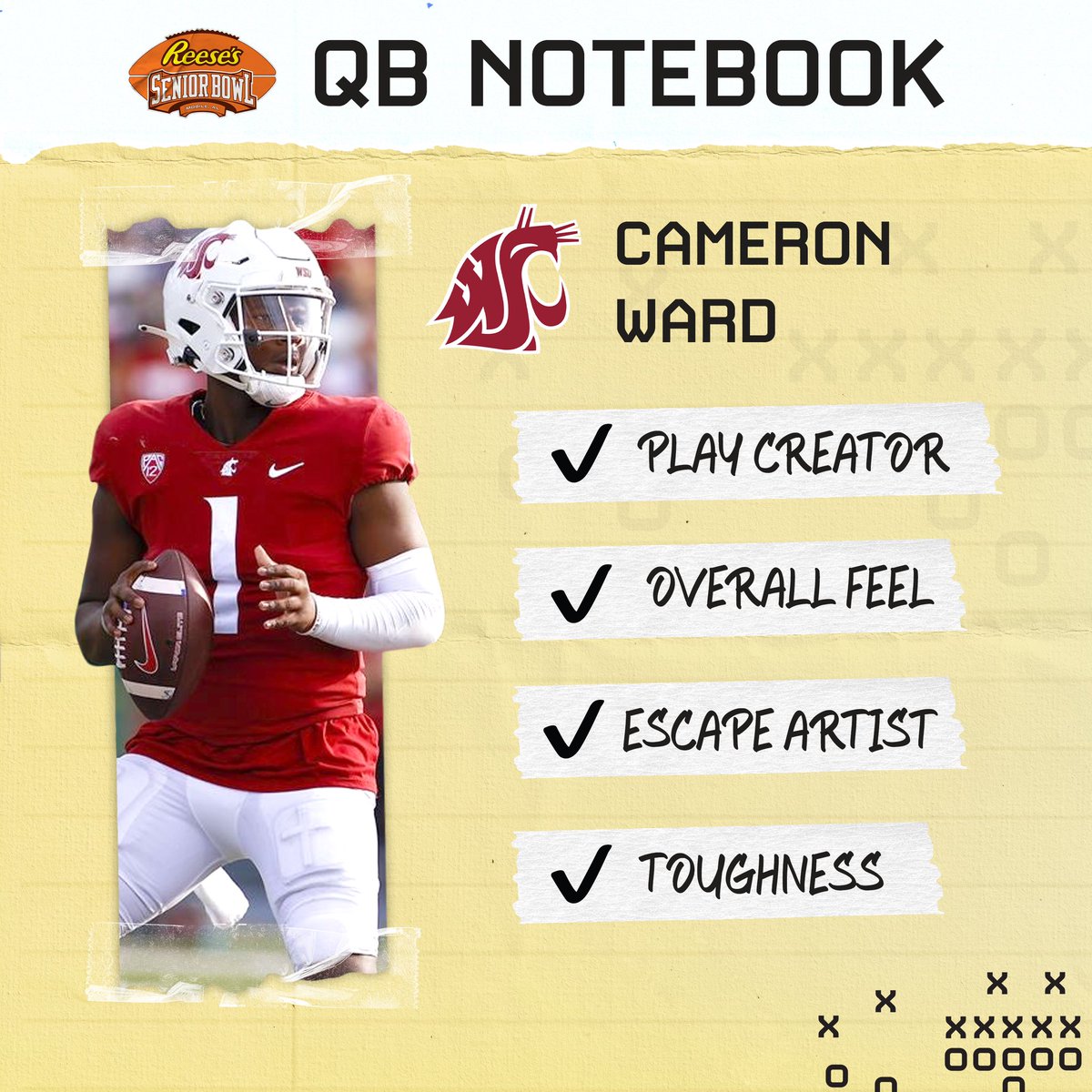 JimNagyOU's tweet photo. There’s plenty of good storylines in this year’s QB class but none better than Washington State’s Cam Ward, who went from having zero FBS offers out of HS to having record-setting career at FCS Incarnate Word to being an ascending NFL draft prospect heading into his final season.

@Cameron7Ward stepped up on bigger stage in Pac-12 last year accounting for 28 total TD & leading @WSUCougarFB to bowl game.

Ward’s biggest bottom line strength is his Houdini-like
ability to escape pressure and to turn nothing into something.

Ward (6013v, 216v) uses his sturdy build to absorb contact & buy second chances and @seniorbowl expects him to be even more efficient within structure of scheme this year in second season under OC Ben Arbuckle, who helped tutor Senior Bowl alum Bailey Zappe two years ago at WKU.

Fun-to-watch Ward has chance to be third Coug QB in past six years to get the invite to Mobile (Gardner Minshew 2019, Anthony Gordon 2020).

#BestoftheBest
#TheDraftStartsInMOBILE™️