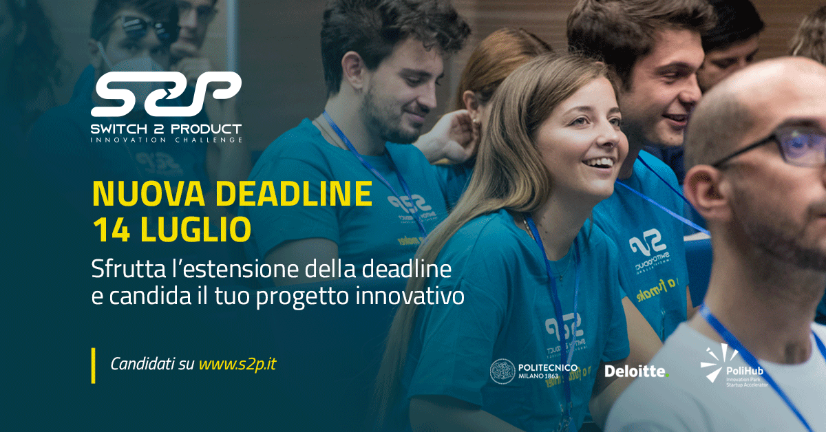 polimi's tweet photo. Fase di candidatura estesa fino al 14 luglio per #Switch2Product, il programma di accelerazione imprenditoriale rivolto a studenti, ricercatori, dottorandi di ricerca, docenti e alumni del Politecnico di Milano!
Per info: https://t.co/tswec3XGdq https://t.co/mkp7SQXm8Y