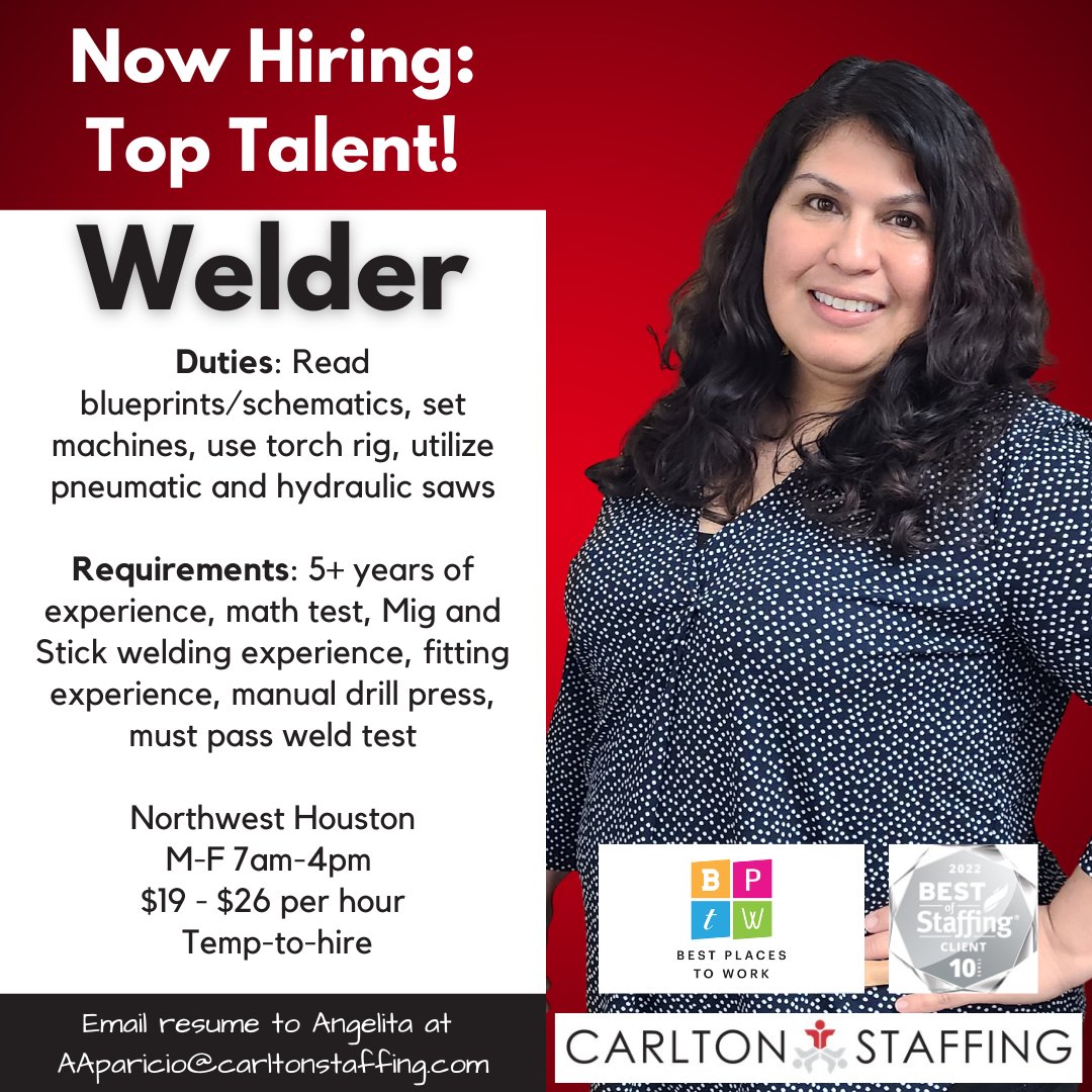 Angelita is hiring a Welder with 5+ years of experience for her Northwest Houston client!  For more info, give her a call at 713.329.9990 or apply online today! 
conta.cc/43XdalR
