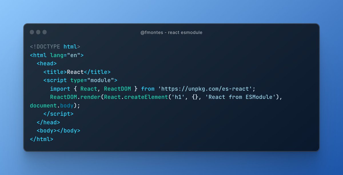 fmontes's tweet photo. Hoy en código que no sirve para nada: puedes correr @reactjs sin builder y con #ESModules directo en el browser #JavaScript https://t.co/6xmfMcFTWP