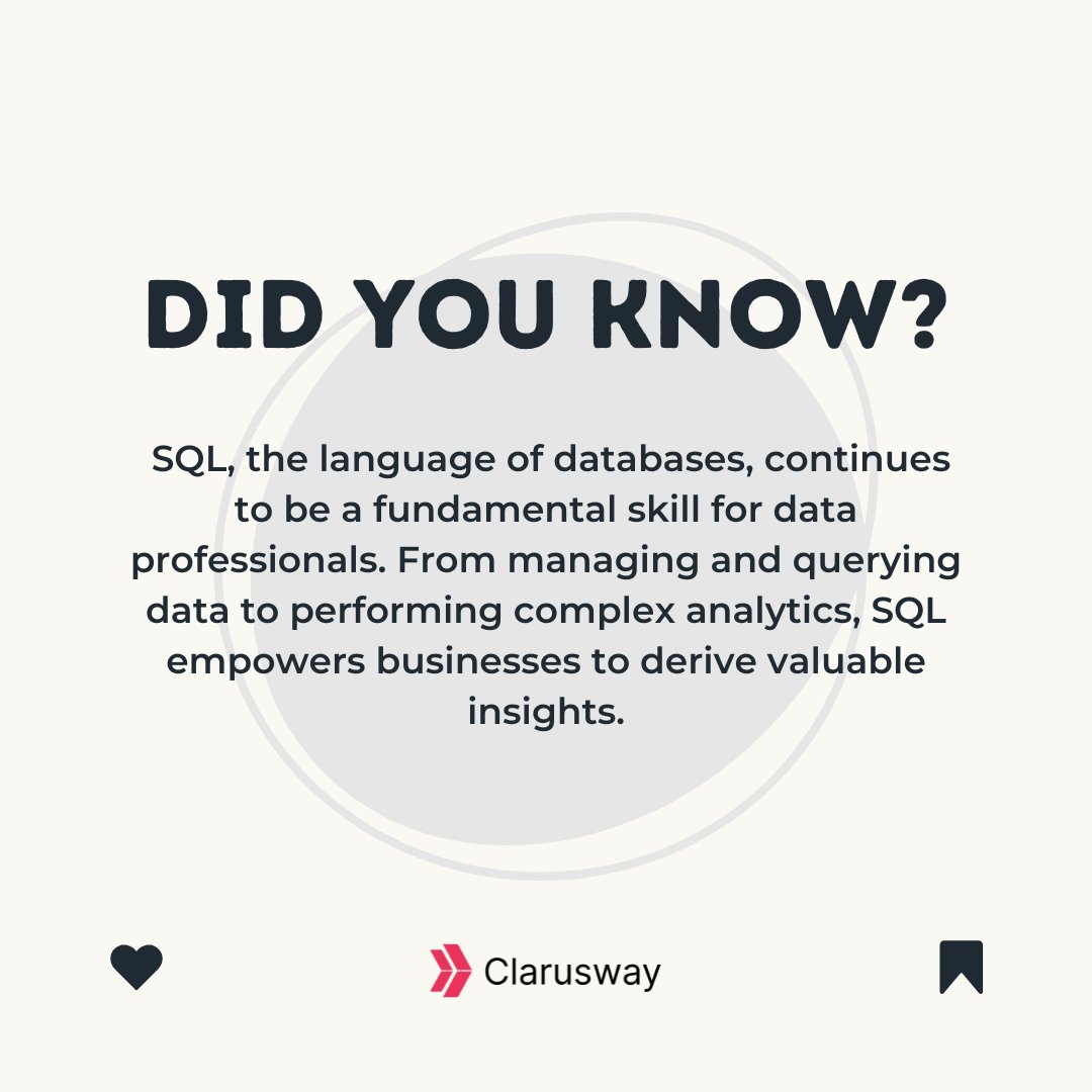 clarusway's tweet photo. SQL, the language of #databases, continues to be a fundamental #skill for #data #professionals. 
👉 Visit our website https://t.co/ik2m1LbKFN to learn more about our programs 
#clarusway #codingbootcamp #100daysofcode #tech #bootcamp #datascience https://t.co/hcv6gvu1PX