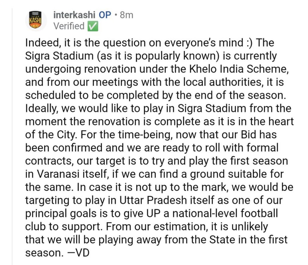 We are going nowhere other than UP guys.
#InterKashi to Play in SIGRA Stadium once it's renovations are completed.
Till then they are trying to play in Varanasi only.⬇️

#InterKashi #TheAghors🧡🖤
#RedditAMA #IndianFootball 
#ILeague