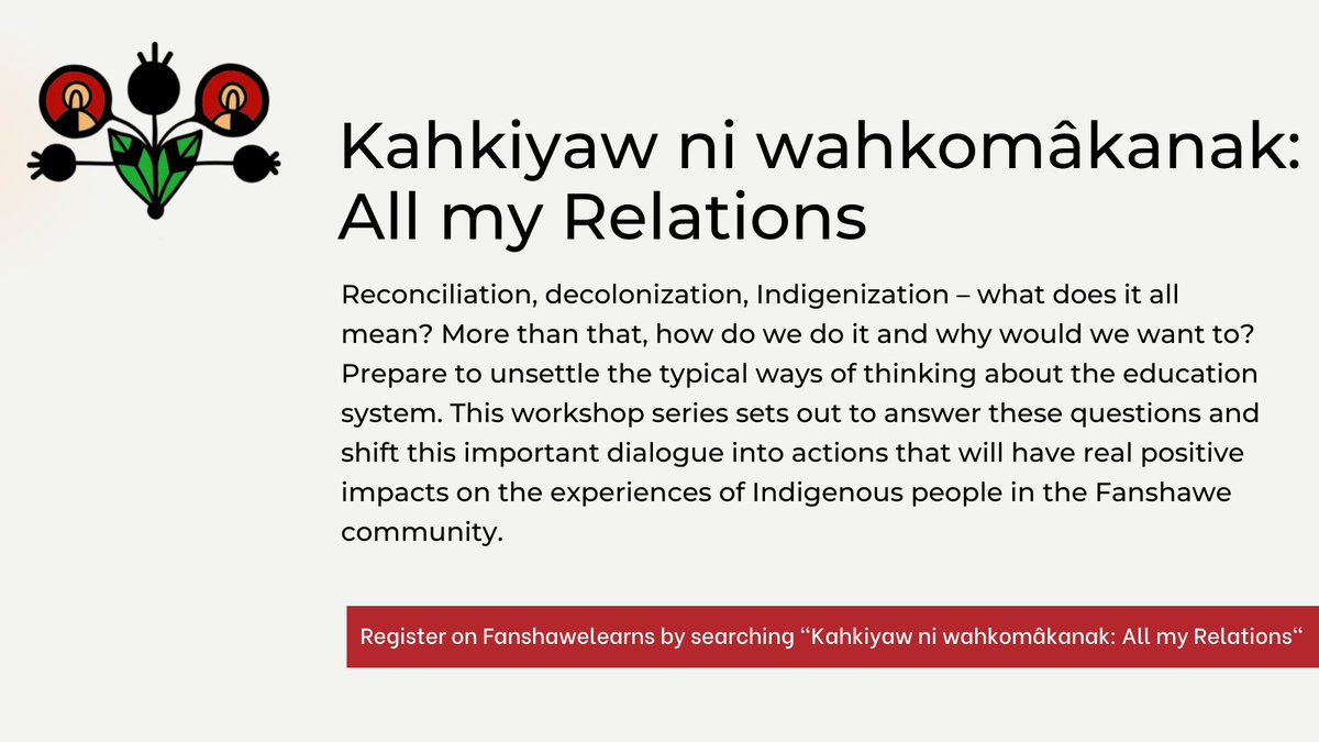 FanshaweLearns (@fanshaweteach) on Twitter photo Kahkiyaw ni wahkomâkanak is a curriculum
<a href="/FanshaweCollege/">fanshawecollege</a>
employees can complete to learn about reconciliation, decolonization, Indigenization and, more than that, how do we do it and why would we want to.
Fall Cohorts are now open for registration on Fanshawelearns! Kahkiyaw ni wahkomâkanak is a curriculum
<a href="/FanshaweCollege/">fanshawecollege</a>
employees can complete to learn about reconciliation, decolonization, Indigenization and, more than that, how do we do it and why would we want to.
Fall Cohorts are now open for registration on Fanshawelearns!