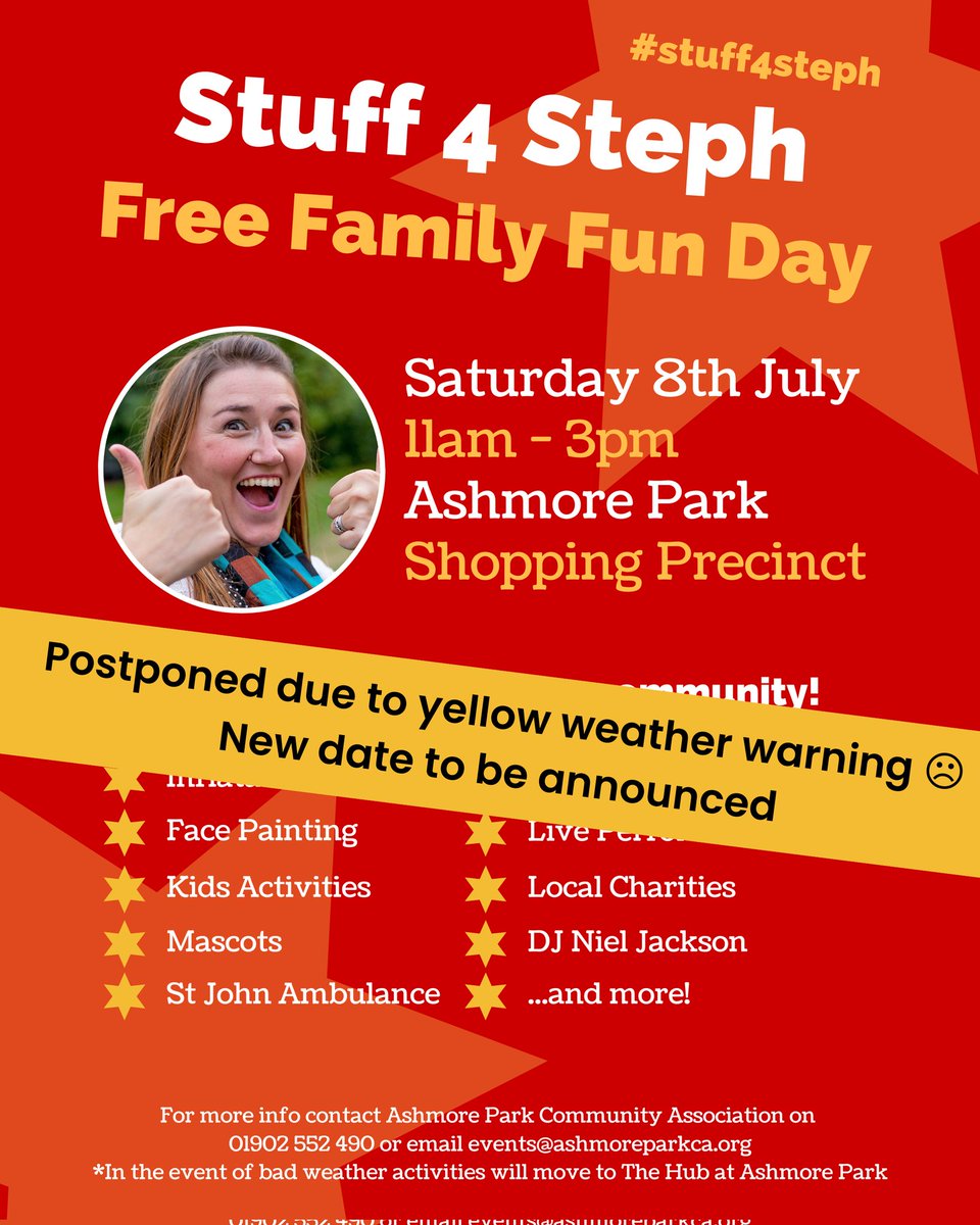HOWednesfield's tweet photo. ⚠️⛈️ Unfortunately, due to the yellow weather warning of heavy rain and thunder / lightning all day Saturday, we have taken the difficult decision to postpone the Stuff 4 Steph Fun Day at Ashmore Park.

A new date will be announced soon 🤞🏻 https://t.co/iYXEQmL40w