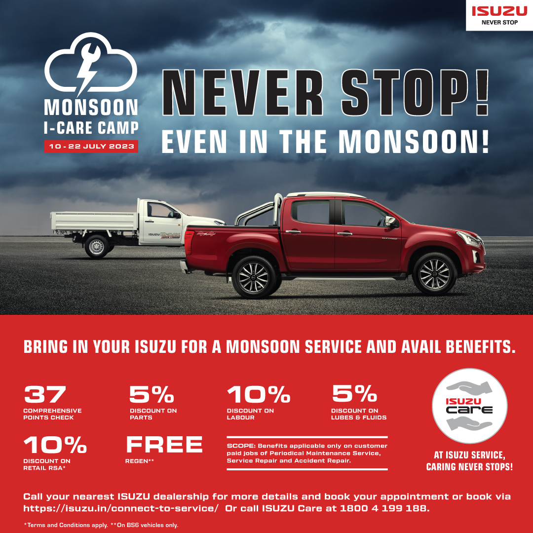 IsuzuIndia's tweet photo. ISUZU Monsoon I-Care Camp runs between 10-22 July 2023.
Avail the benefits and offers.
Call your nearest ISUZU service facility to book your appointment today
Link - https://t.co/ivRami9cDE
#ISUZU #ISUZUCare #iDelight #ISUZUNeverStop #CaringNeverStops https://t.co/XabpHFsbIi