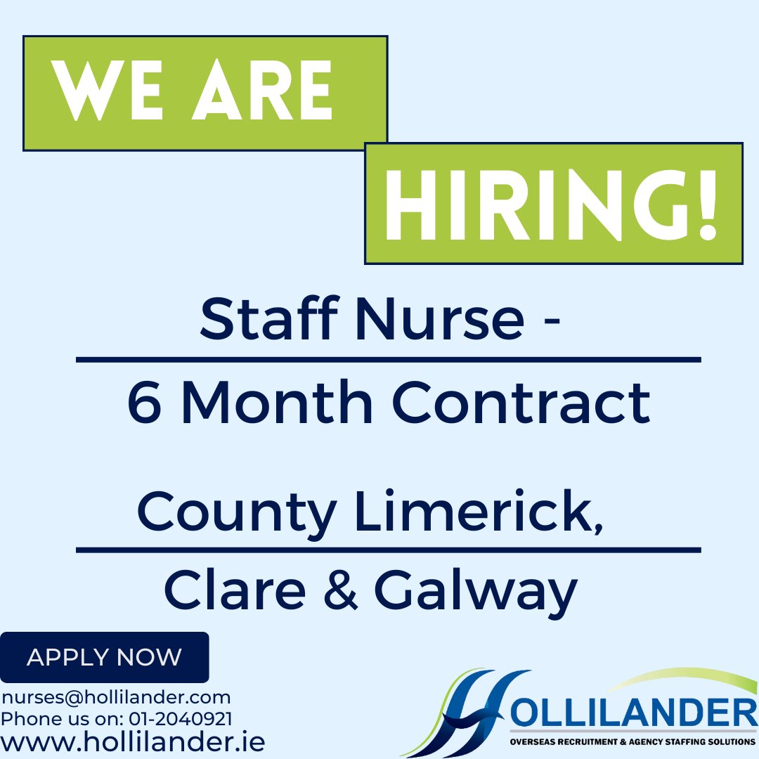 Hollilander Recruitment are actively looking for Staff Nurses based in the counties of Limerick, Clare and Galway.

If you have any questions or wish to apply please contact nurses@hollilander.com

#hollilanderrecruitment #staffnurse #healthcarerecruitment #irishjobs