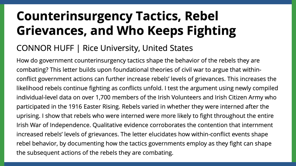 How do counterinsurgency tactics shape rebel behavior? Connor Huff demonstrates how interned Irish rebels were more likely to continue fighting throughout the entirety of the Irish War of Independence. Read more in #APSRFirstView.
#APSR
ow.ly/2Xsv50OZM4e