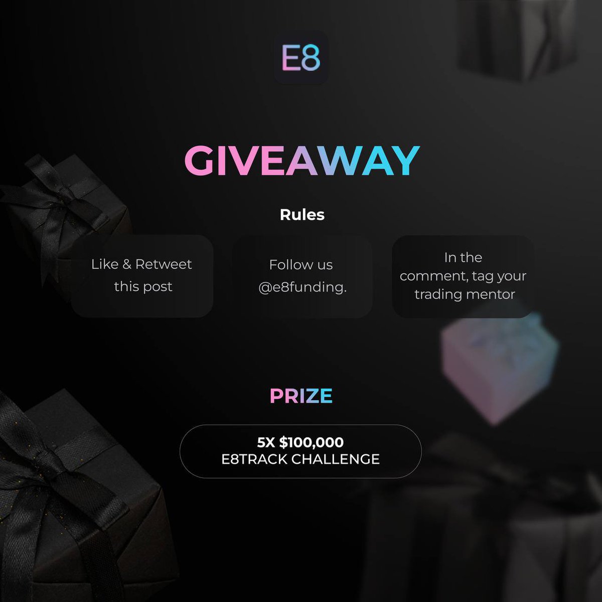 E8Markets's tweet image. E8 Funding giveaway is here! This time with a prize pool of an amazing $500,000! 😎

Prizes: 5x $100,000 E8Track challenge 🔥

1️⃣ Follow us, Like &amp;amp; Retweet this post.
2️⃣ In the comment, tag your trading mentor.
3️⃣ Comment on what type of trader you are.

🏁 End date: 13.7.2023