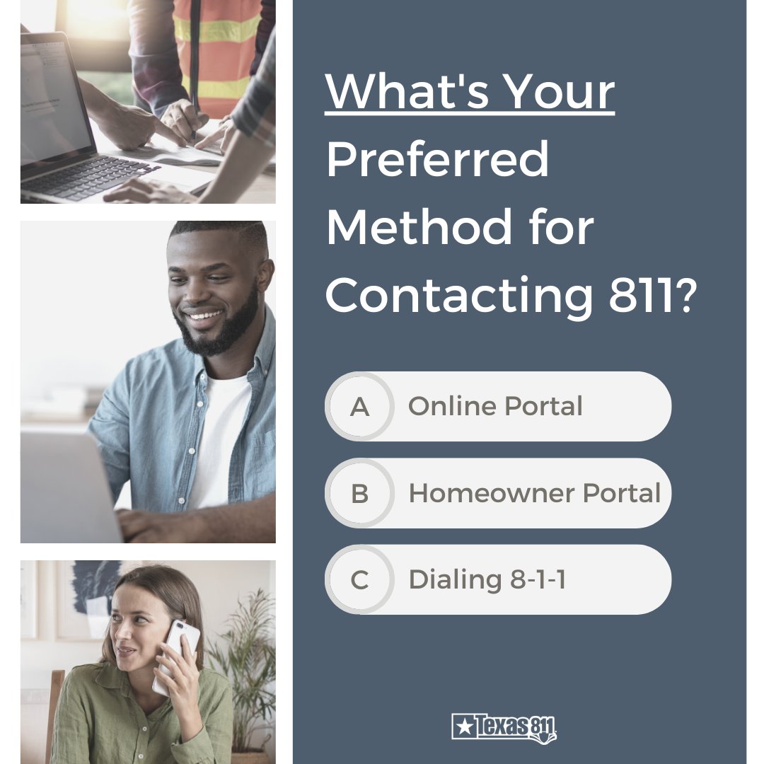texas811's tweet image. Let’s see your preference. Drop your method for contacting 811 in the comments.

For more info, visit: texas811.org/what-is-811

#Texas811 #EveryDigCounts #KnowWhatsBelow
