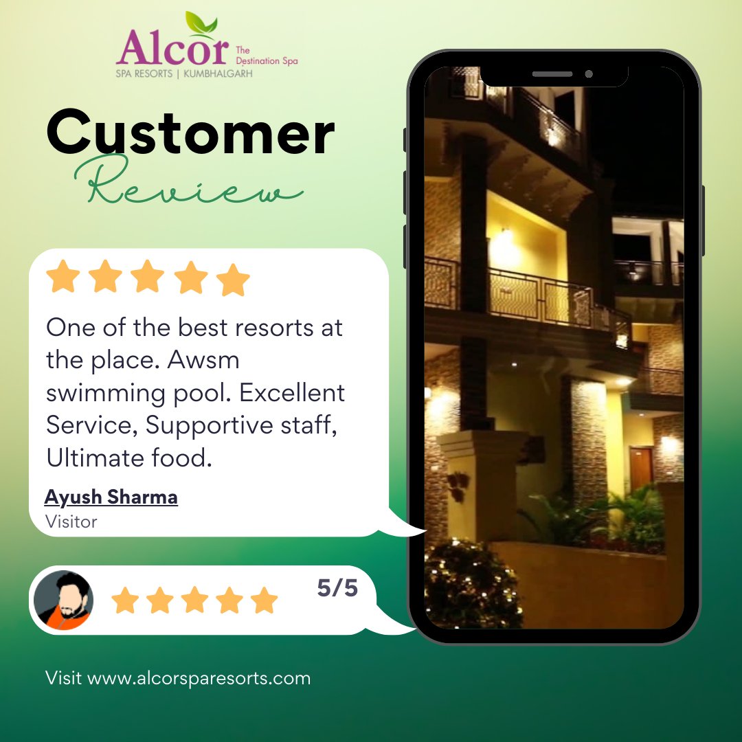 🌟 Customer Review of our Blissful Alcor Spa Resort in Kumbhalgarh! 🌟

Rating: ⭐⭐⭐⭐⭐ (5/5)

#SpaRetreat #LuxuryGetaway #SerenityUnleashed #KumbhalgarhEscape #LuxuryRetreat #SerenitySeekers #RelaxationDestination #BlissfulEscape #SpaGetaway #TranquilHaven #PamperYourself