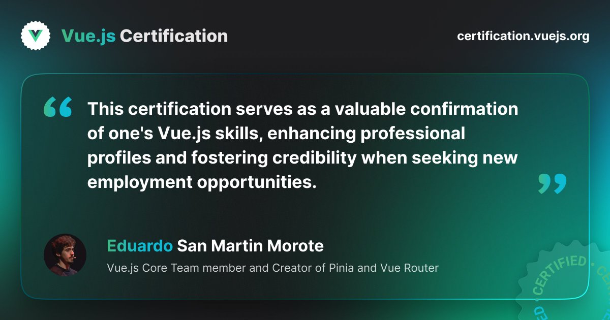 CertificatesDev's tweet image. Eduardo San Martin Morote @posva, Core Team member for @vuejs and Creator of Pinia and Vue Router, shares with us why he thinks certification is important.
certification.vuejs.org
#vuejs #vuejscertification