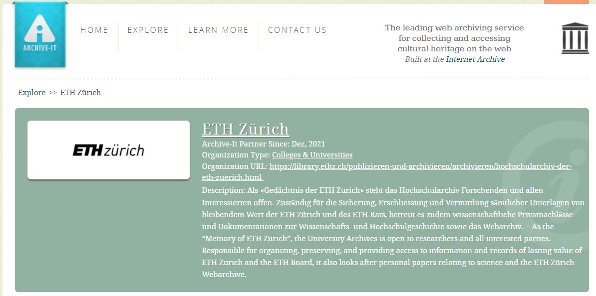 Michael Gasser (@m_gasser) on Twitter photo Das neue #Webarchiv der <a href="/ETH/">ETH Zürich</a> ist online
👉archive-it.org/organizations/…
Eine zentrale Quelle zur #Geschichte der Hochschule und ihrer Online-Präsenz. Das neue #Webarchiv der <a href="/ETH/">ETH Zürich</a> ist online
👉archive-it.org/organizations/…
Eine zentrale Quelle zur #Geschichte der Hochschule und ihrer Online-Präsenz.
