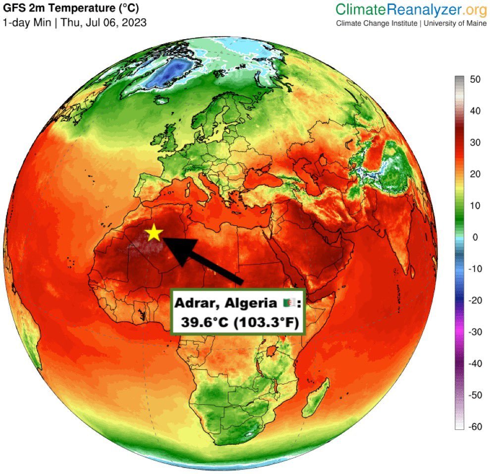 Temperatura MÍNIMA de 39.6ºC. Ayer en Adrar, Algeria. 

Nunca se había registrado algo así en toda África.
Un auténtico infierno. El coste de la inacción.