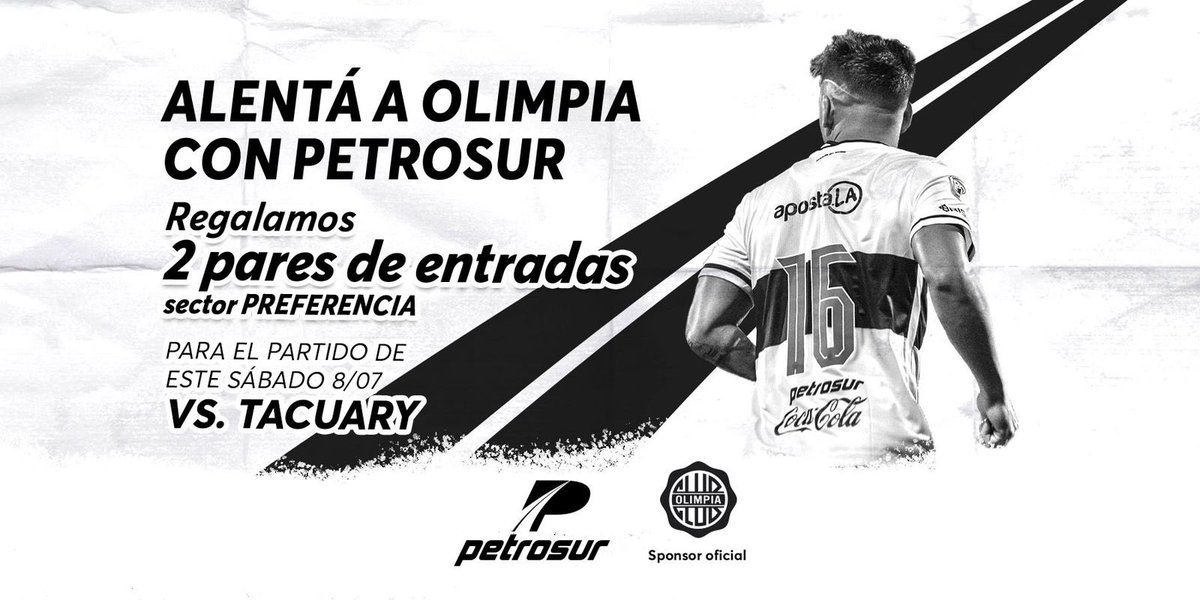 Petrosur's tweet photo. Regalamos 2 pares de entradas Sector Preferencia para alentar a Olimpia en su partido contra Tacuary.

✅Seguinos.
✅Dale RT a esta publicación.
✅Arrobá en los cometarios a tu acompañante.

Anunciamos a los ganadores HOY a las 18:00 hs

#PETROSUR Sponsor Oficial del Club Olimpia https://t.co/eJgJVRtnfw