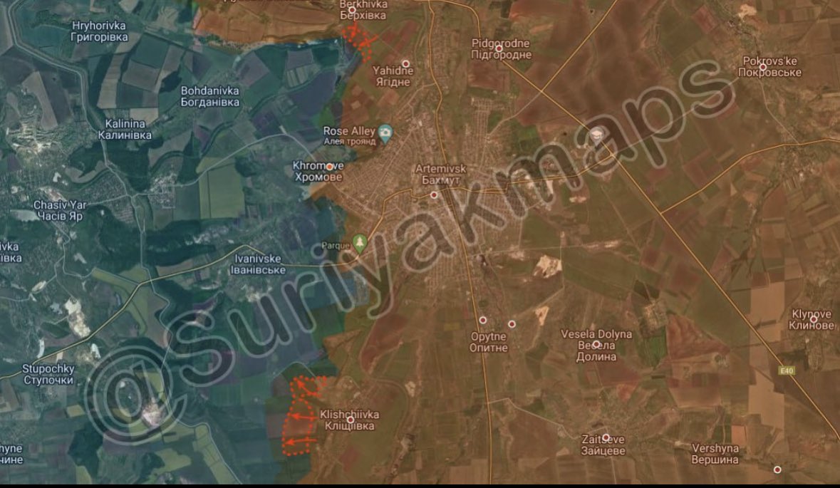 squatsons's tweet photo. Bakhmut update, the small counter offensive by Ru forces regained powerful positions around Kleshcheevka and the reservoir to the north.

It took the Ukrainians almost a week to capture them previously. https://t.co/TaMPDpeppr