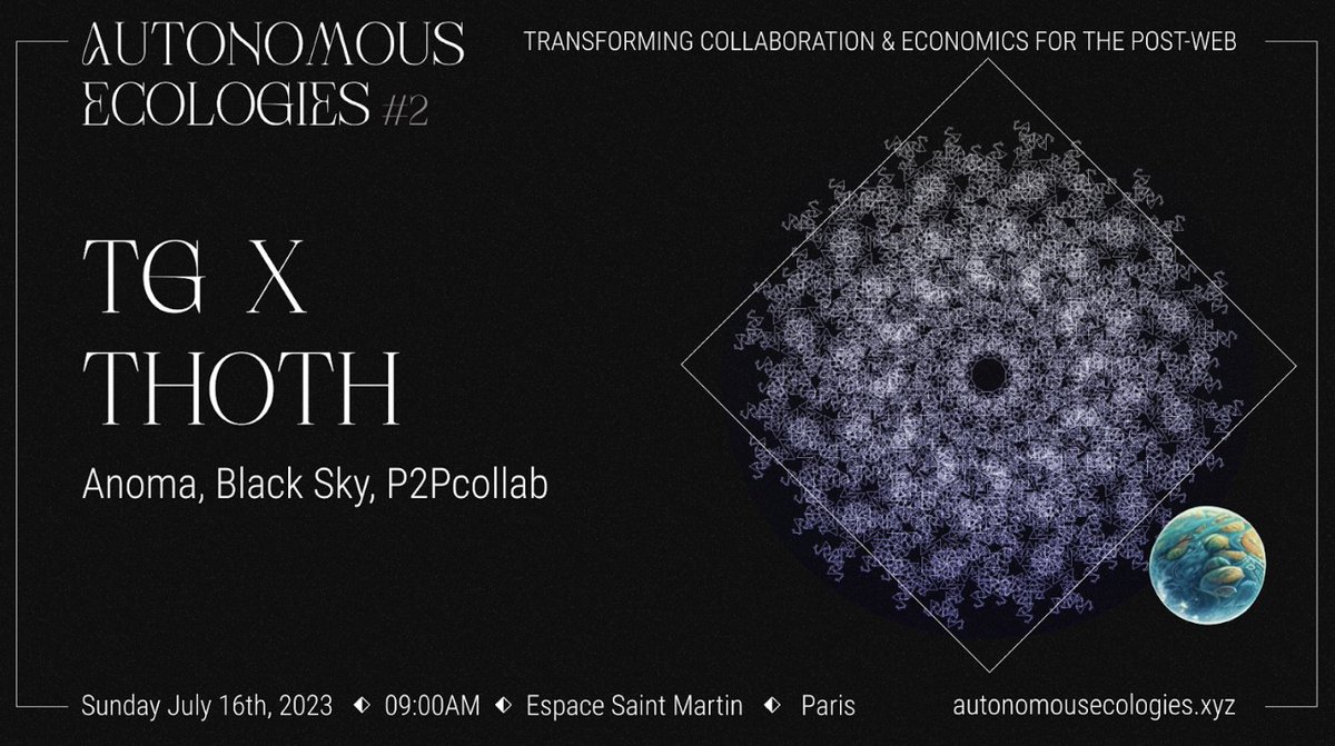 <a href="/tgxnet/">TG × ⊙</a> of <a href="/anoma/">Anoma</a>, @blackskysociety, and <a href="/p2pcollab/">P2Pcollab</a> is joining us at AE2 to speak on local-first, asynchronous protocols &amp; collaborative applications for the Post-Web.

Don’t miss any of these key Post-Web insights. 

RSVP: autonomousecologies.xyz
