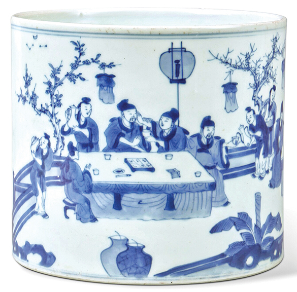 AntiqueDigest's tweet photo. Large inscribed Chinese blue-and-white “Spring Banquet” brush pot, Qing Dynasty, Kangxi period, 7" diameter, sold for $127,000 (est. $40,000/60,000) at @Sothebys https://t.co/5UECAVGj0f #antiques #antique #China #Chinese #art #artist #brushpot https://t.co/Nm2gqn7Yzl