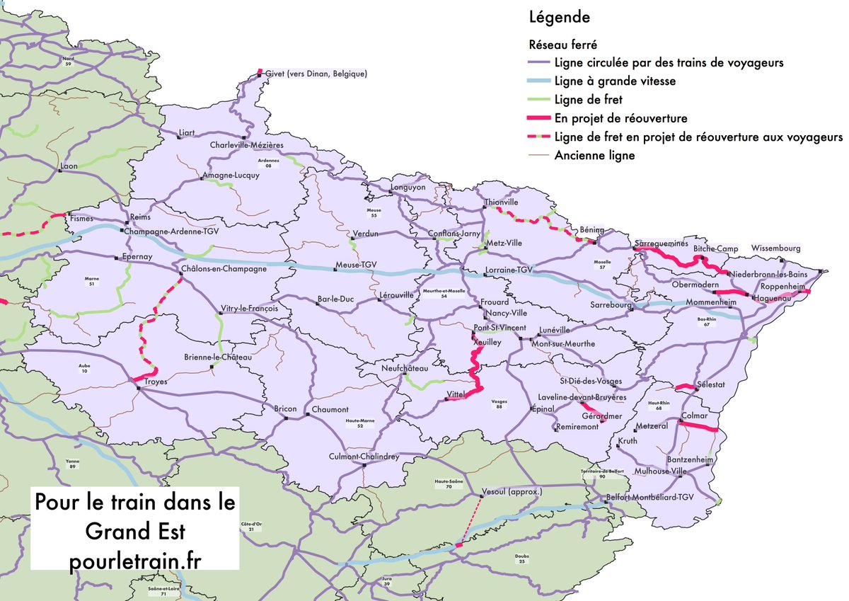 PourLeTrain's tweet photo. La carte des projets de réouverture de lignes ferroviaires en #GrandEst est maintenant disponible sur le site https://t.co/T3hHRvTr2f. @regiongrandest et @SNCFReseau  doivent accélérer pour le train ! @Prefet67 @Franck_LEROY_ @thibaudphilipps @david_valence https://t.co/pe7Qd4AwGu