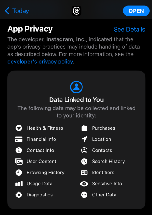 So #Meta's new #Threads app needs your health and fitness info. It also needs your browsing history and your location, and your purchases, and...well, it seems to need everything. If you want to get fully creeped out, here's the whole #privacy policy: privacycenter.instagram.com/policy/.