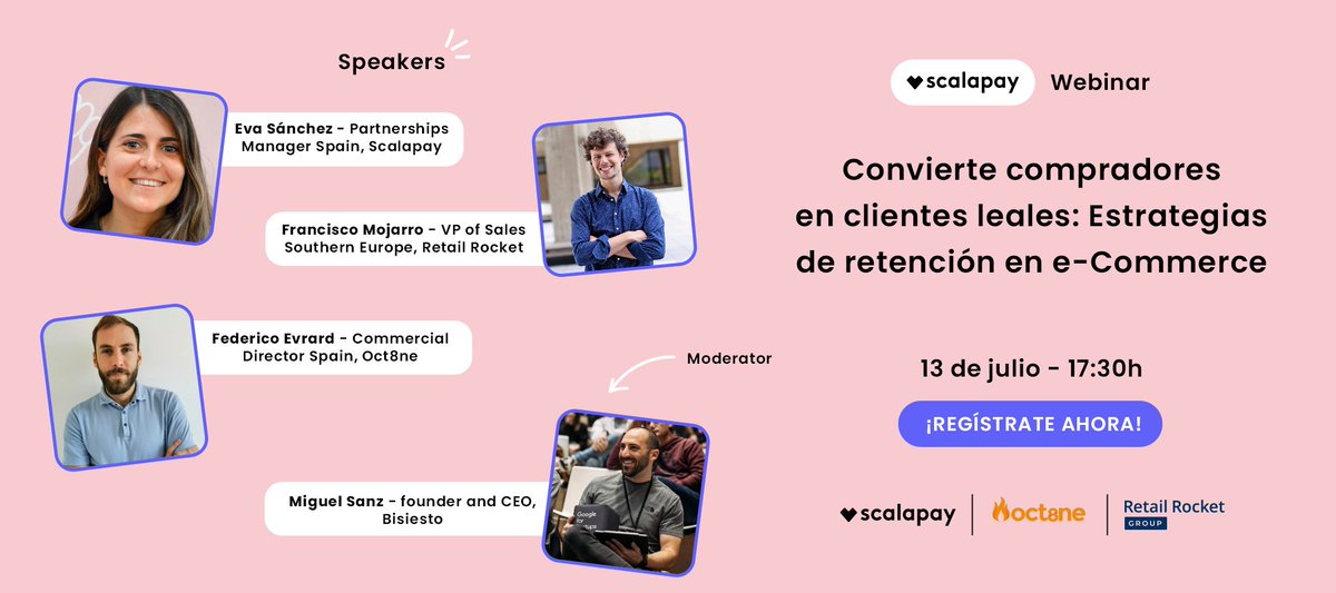¿Quieres que tus clientes vuelvan a tu tienda online una y otra vez? ¡Tenemos el secreto! 💡 

Regístrate a nuestro webinar y descubre cómo afrontar los desafíos en eCommerce, fidelizando y reteniendo clientes.

Regístrate aquí🚀 lnkd.in/e4BENazK

<a href="/ScalapayEU/">Scalapay</a> <a href="/Oct8nechat/">Oct8ne</a>