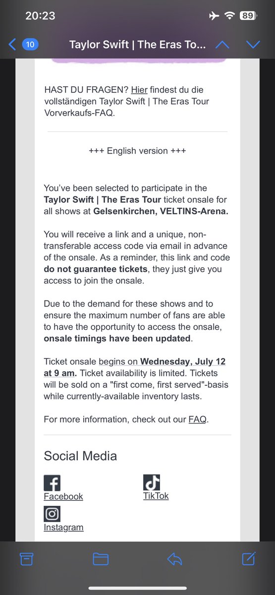 Who needs a link+code for eras paris and gelsenkirchen shows? 

Got my desired tickets for Singapore so will no longer be needing them

#ErasTour