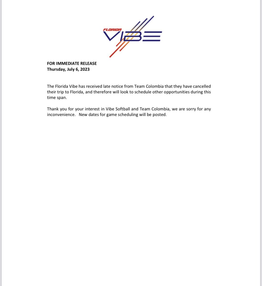 Florida Vibe Tour Schedule Change:
Due to the late notice from Team Columbia Softball, the VIBE will play Team Florida. 
#feelthevibe #americasteam #adidasdugout