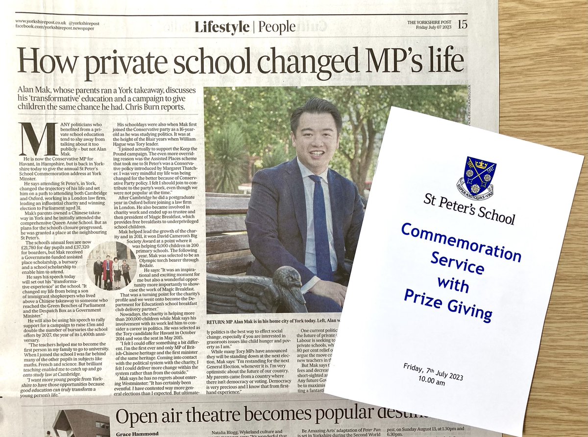 politicsastar's tweet photo. “Do good as well as doing well”
@AlanMakMP challenges @StPetersYork departing UVI, recalling the opportunities St Peter’s gave him, taking him from the rooms above his parents’ shop➡️the Commons, & the importance of service & community
#stpetersyork #endofterm #summer #Commem https://t.co/aQ8LaWUDlp