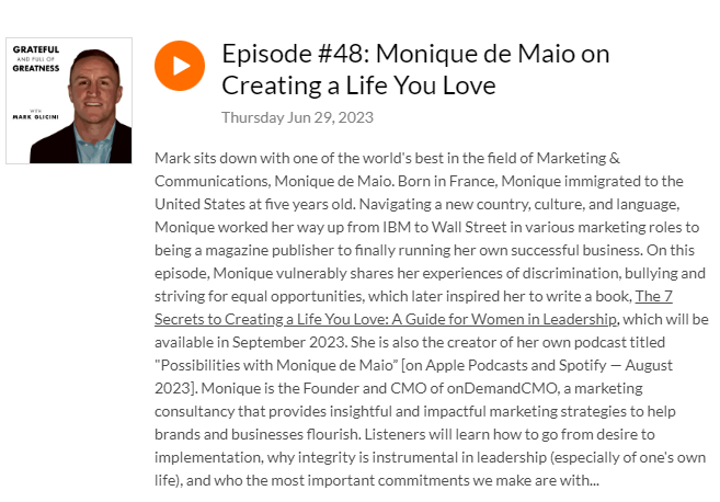 ondemandcmo's tweet photo. Check out Monique de Maio on the latest episode of "Grateful and Full of Greatness with Mark Glicini"! Discover how to go from desire to implementation and the importance of integrity in leadership. Don't miss this insightful conversation! Listen now: https://t.co/rX0ZA5qLUp https://t.co/EAAHgd0ttG